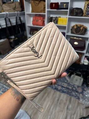 Saint Laurent Quilted Leather Wristlet Clutch in Light Beige